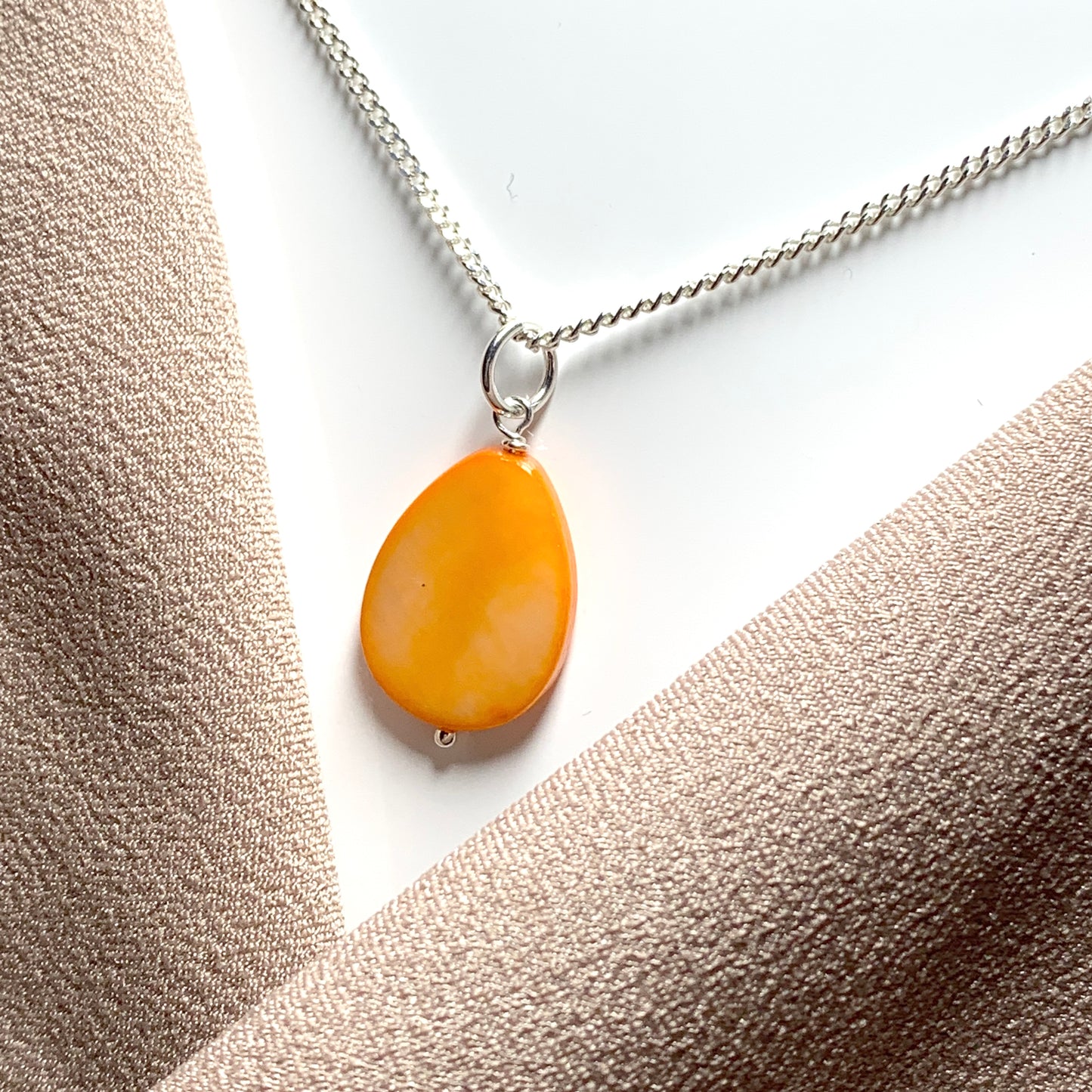Orange Mother of Pearl Balloon Sterling Silver Necklace