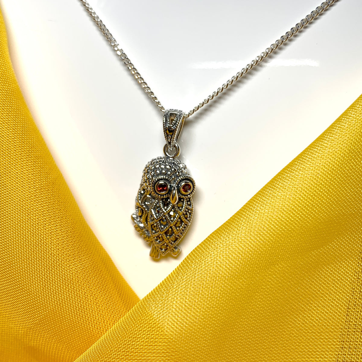 Owl Necklace Marcasite and Garnet Sterling Silver
