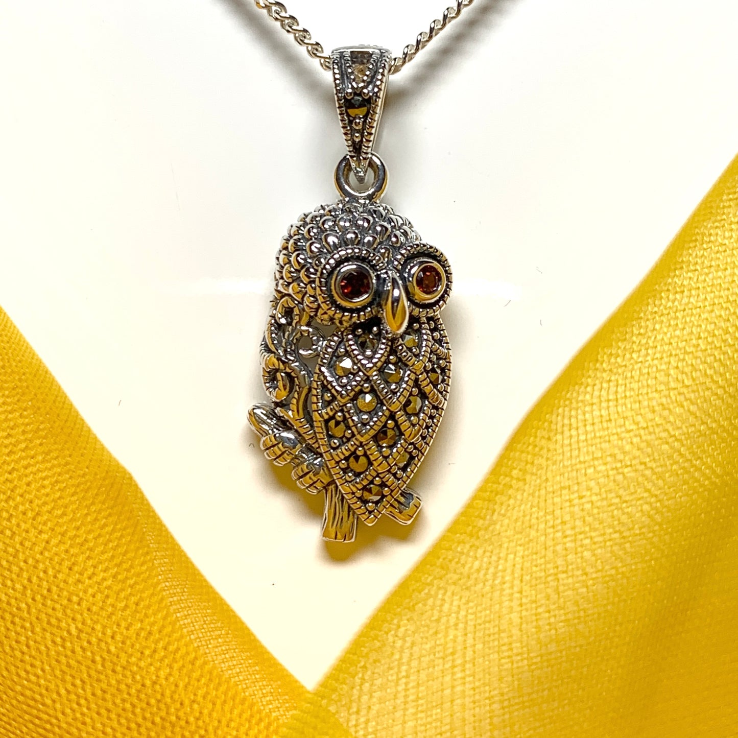 Owl Necklace Marcasite and Garnet Sterling Silver