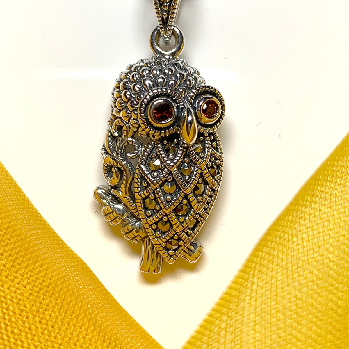 Owl Necklace Marcasite and Garnet Sterling Silver