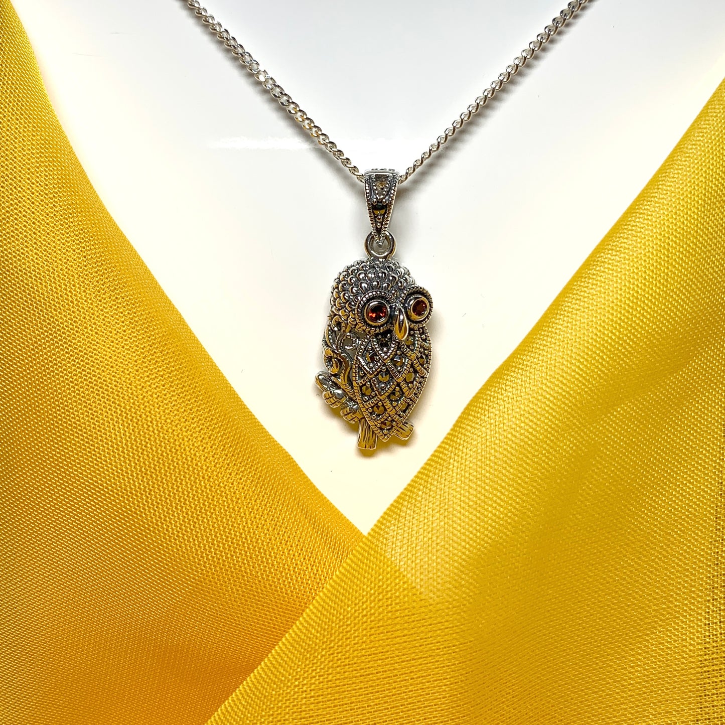 Owl Necklace Marcasite and Garnet Sterling Silver