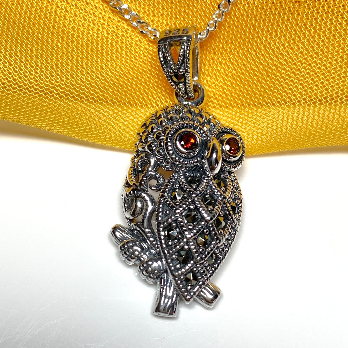 Owl Necklace Marcasite and Garnet Sterling Silver