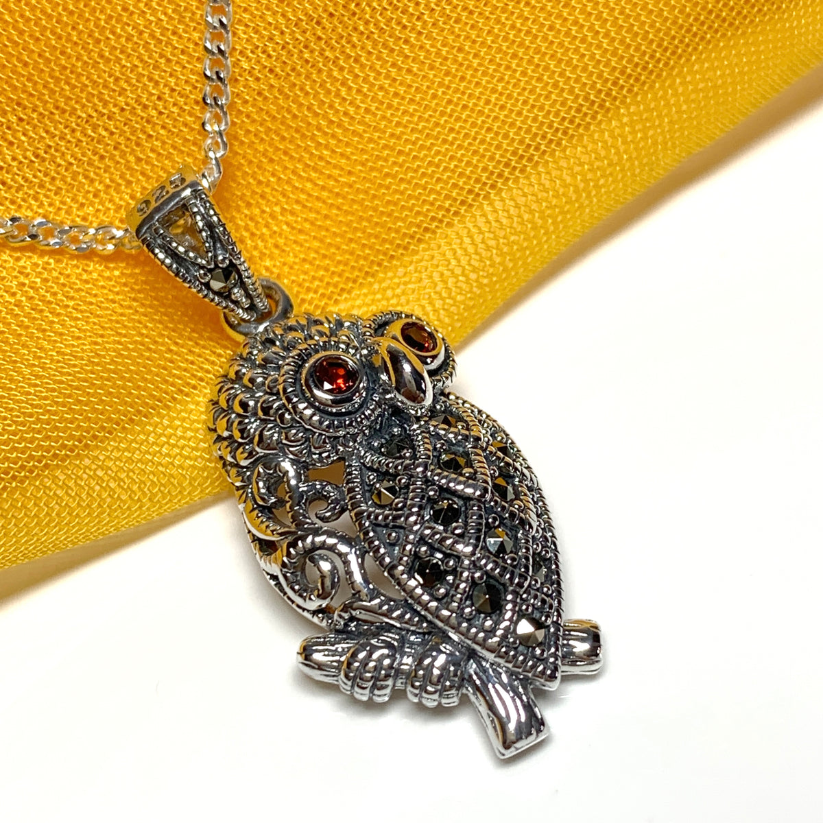 Owl Necklace Marcasite and Garnet Sterling Silver