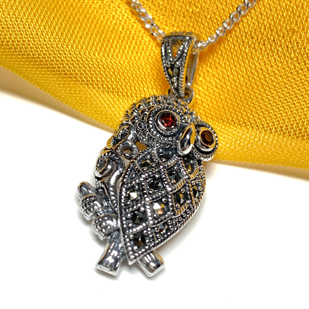 Owl Necklace Marcasite and Garnet Sterling Silver