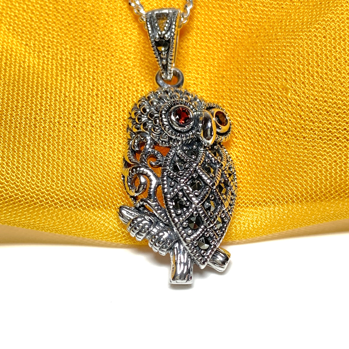 Owl Necklace Marcasite and Garnet Sterling Silver