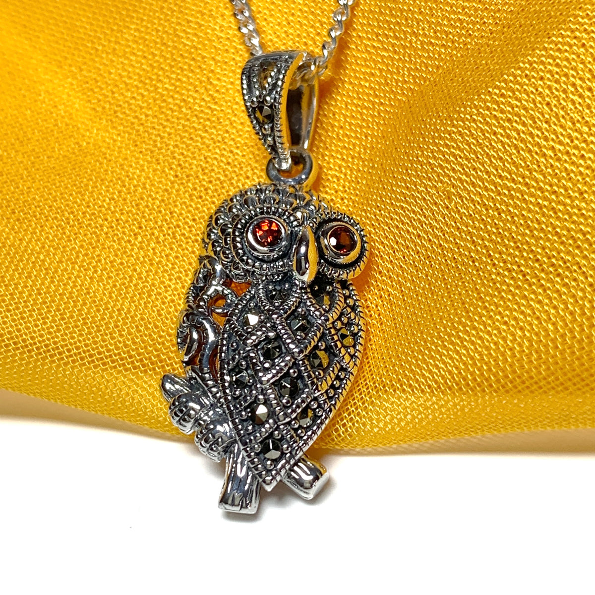 Owl Necklace Marcasite and Garnet Sterling Silver