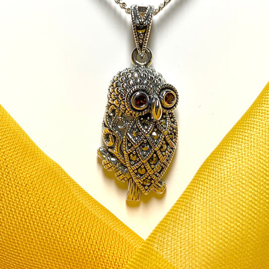 Owl Necklace Marcasite and Garnet Sterling Silver