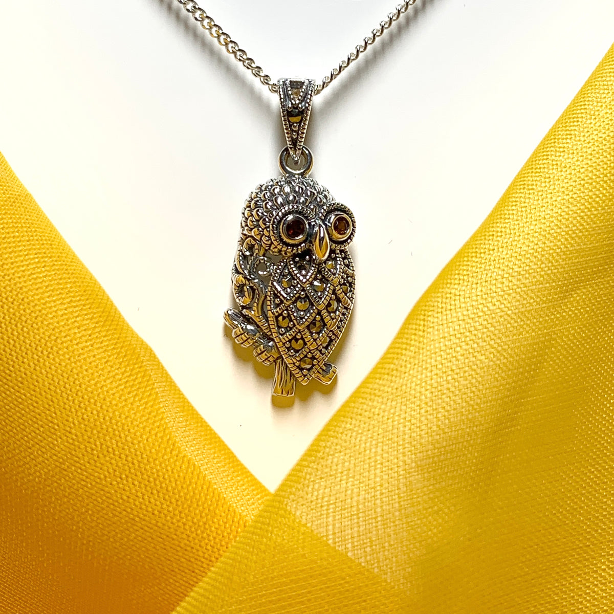 Owl Necklace Marcasite and Garnet Sterling Silver
