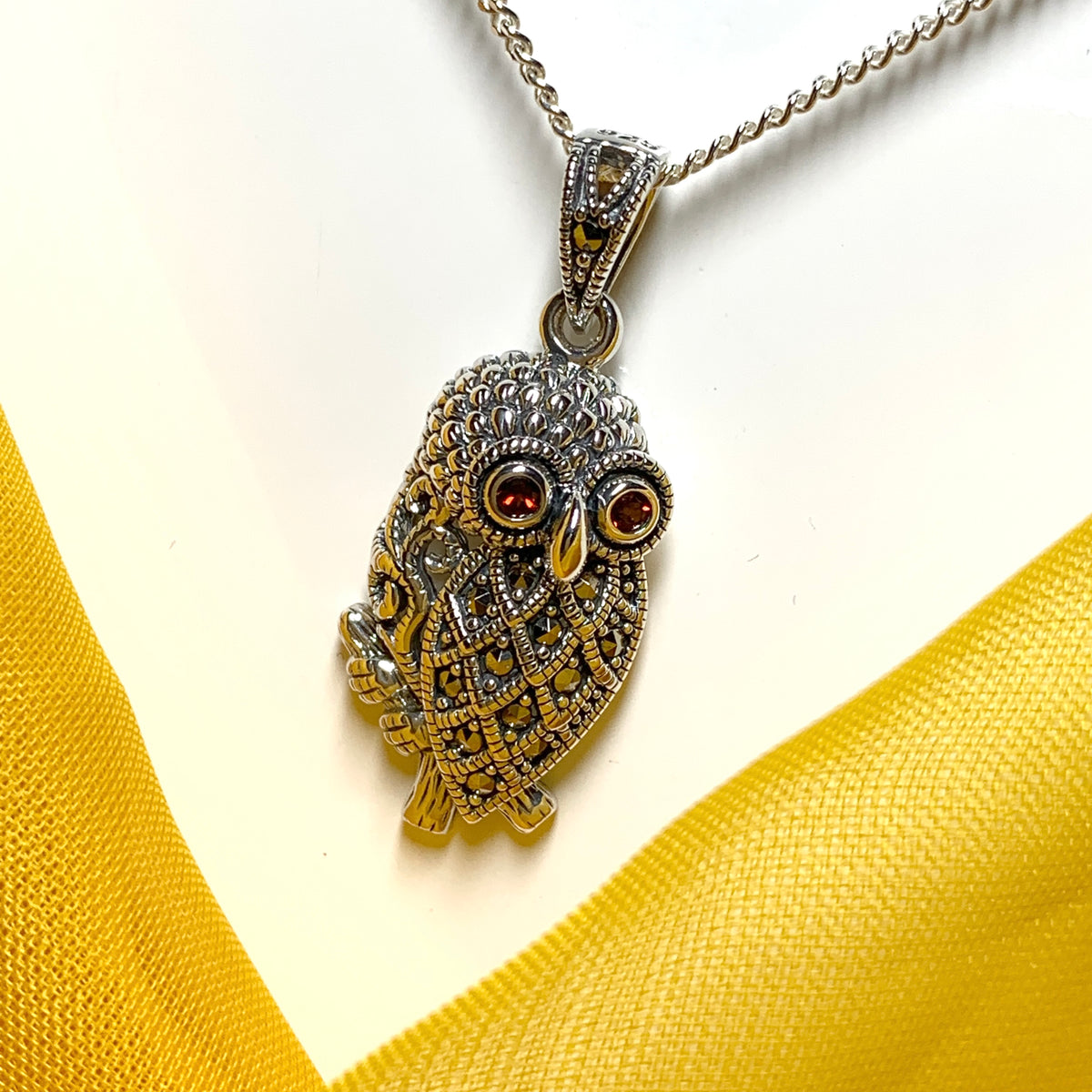 Owl Necklace Marcasite and Garnet Sterling Silver
