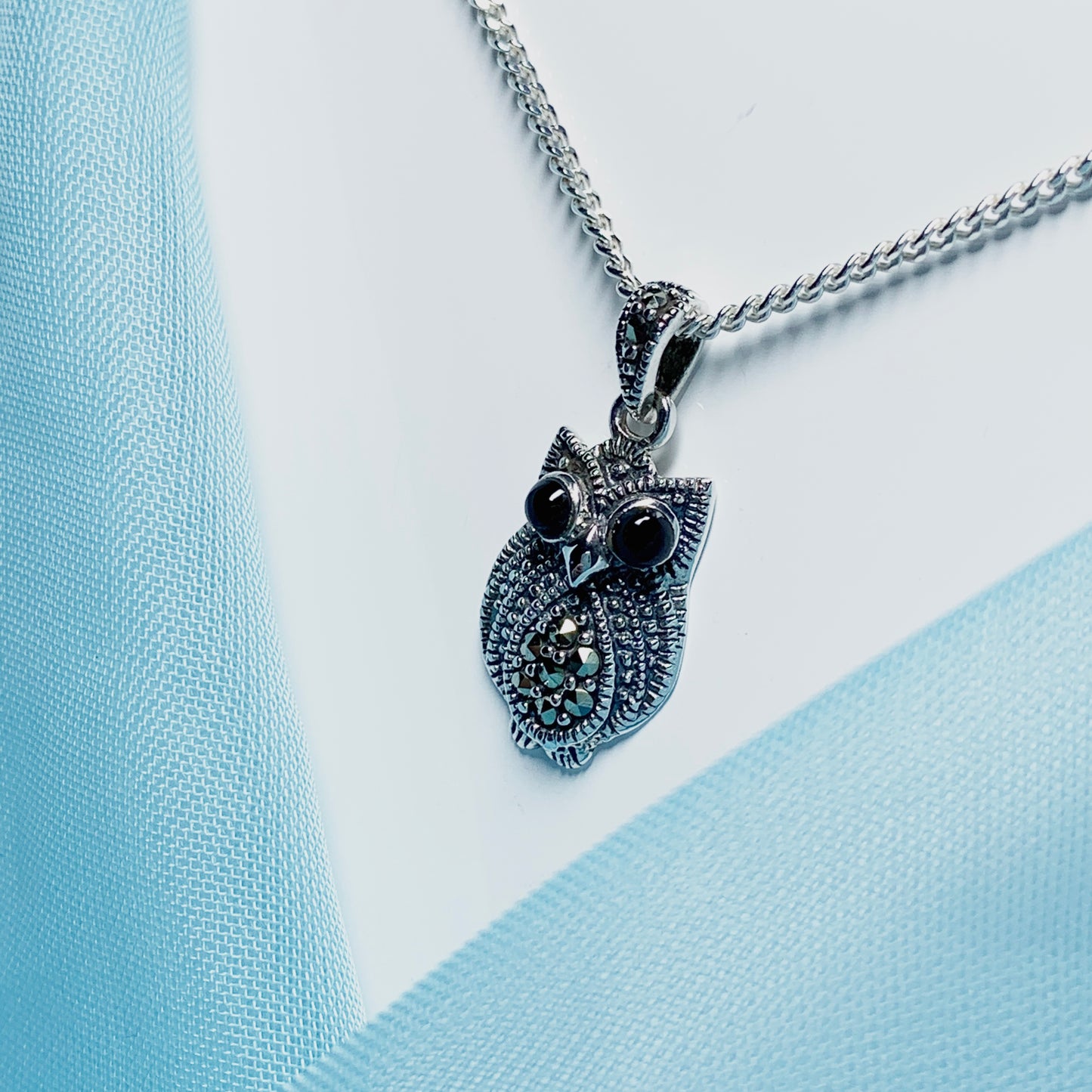Owl Necklace Pendant Necklace Black Agate and Marcasite Sterling Silver