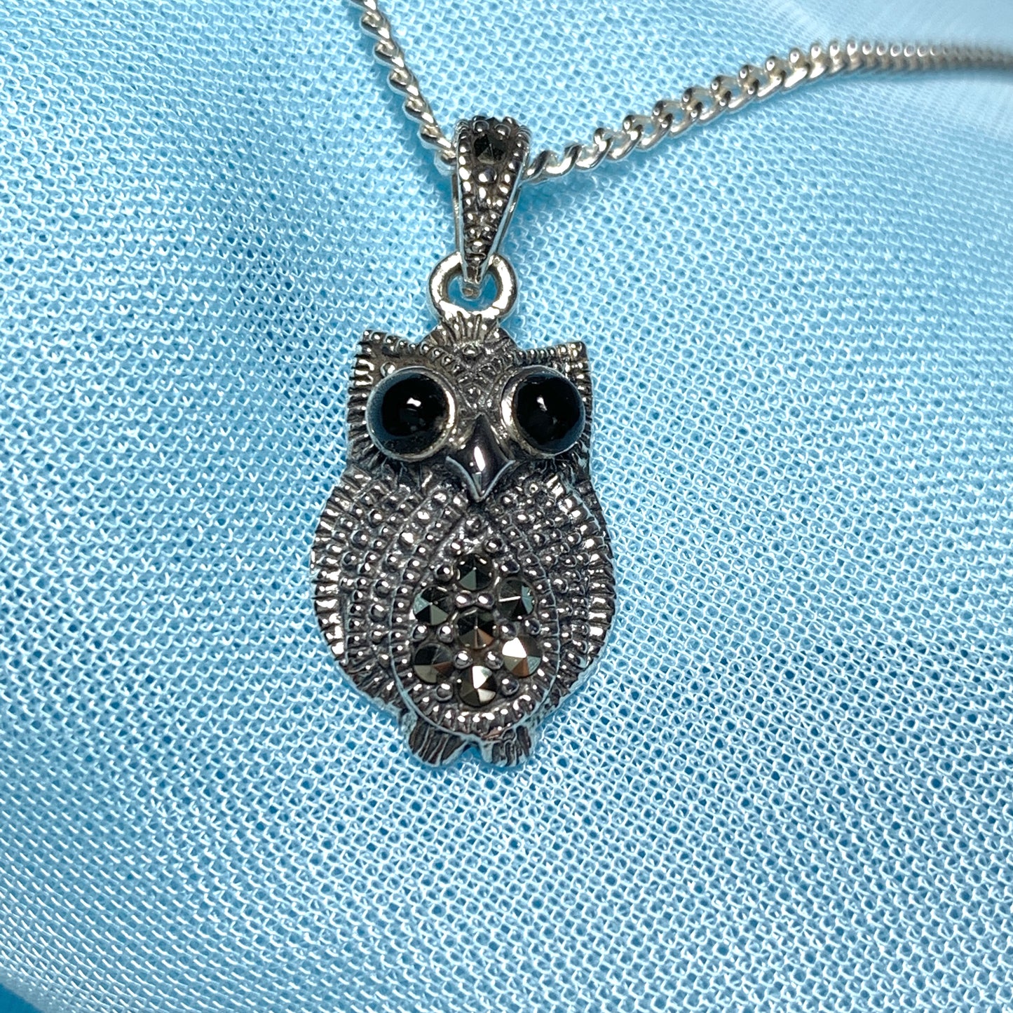 Owl Necklace Pendant Necklace Black Agate and Marcasite Sterling Silver