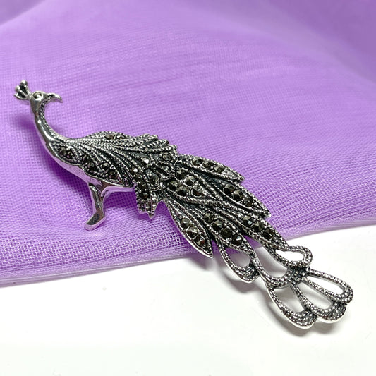 Peacock marcasite brooch sterling silver