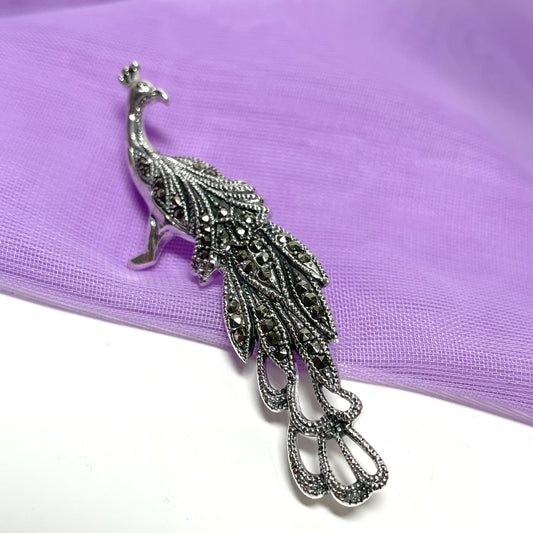 Peacock marcasite brooch sterling silver