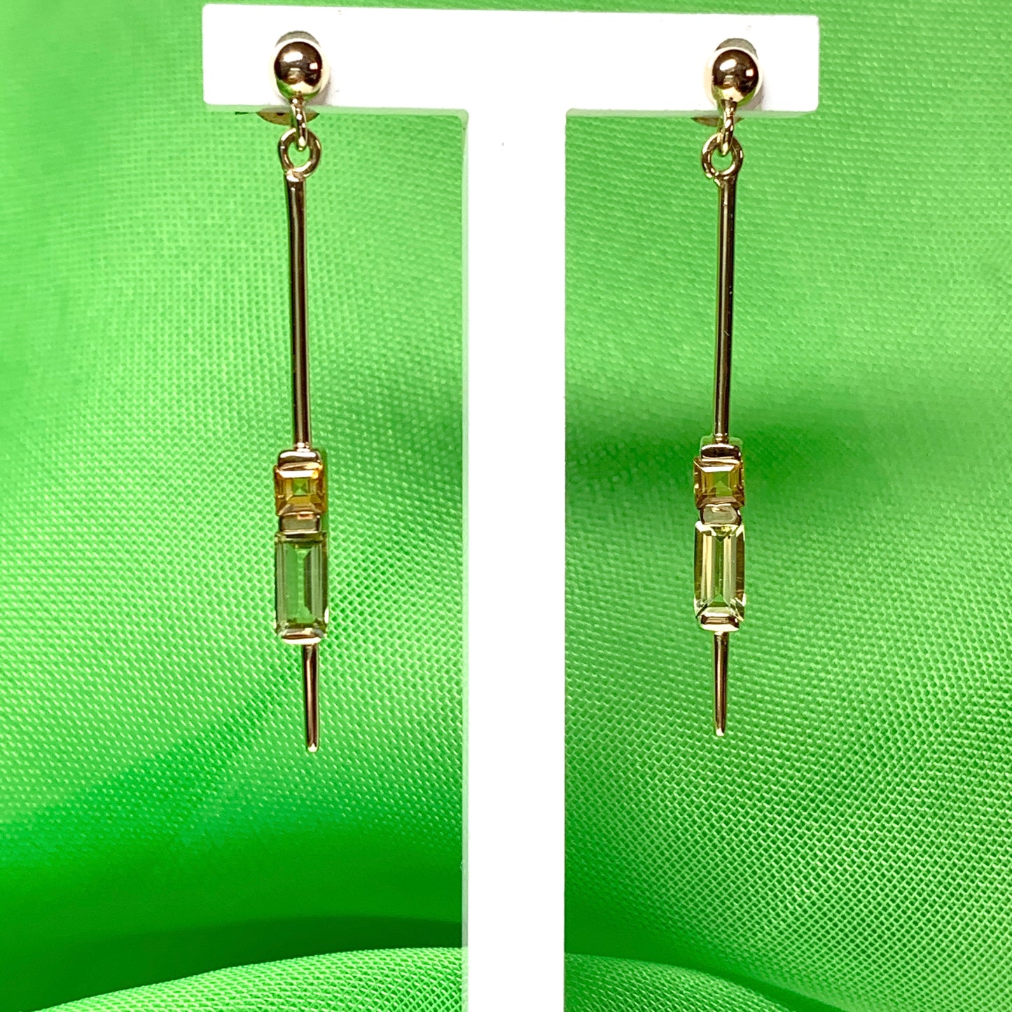 Peridot and citrine yellow gold drop earrings