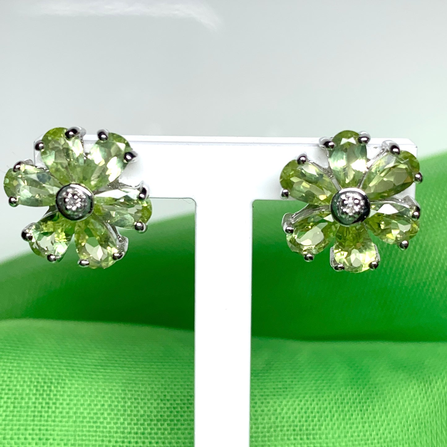 Peridot and diamond silver green daisy petal cluster earrings