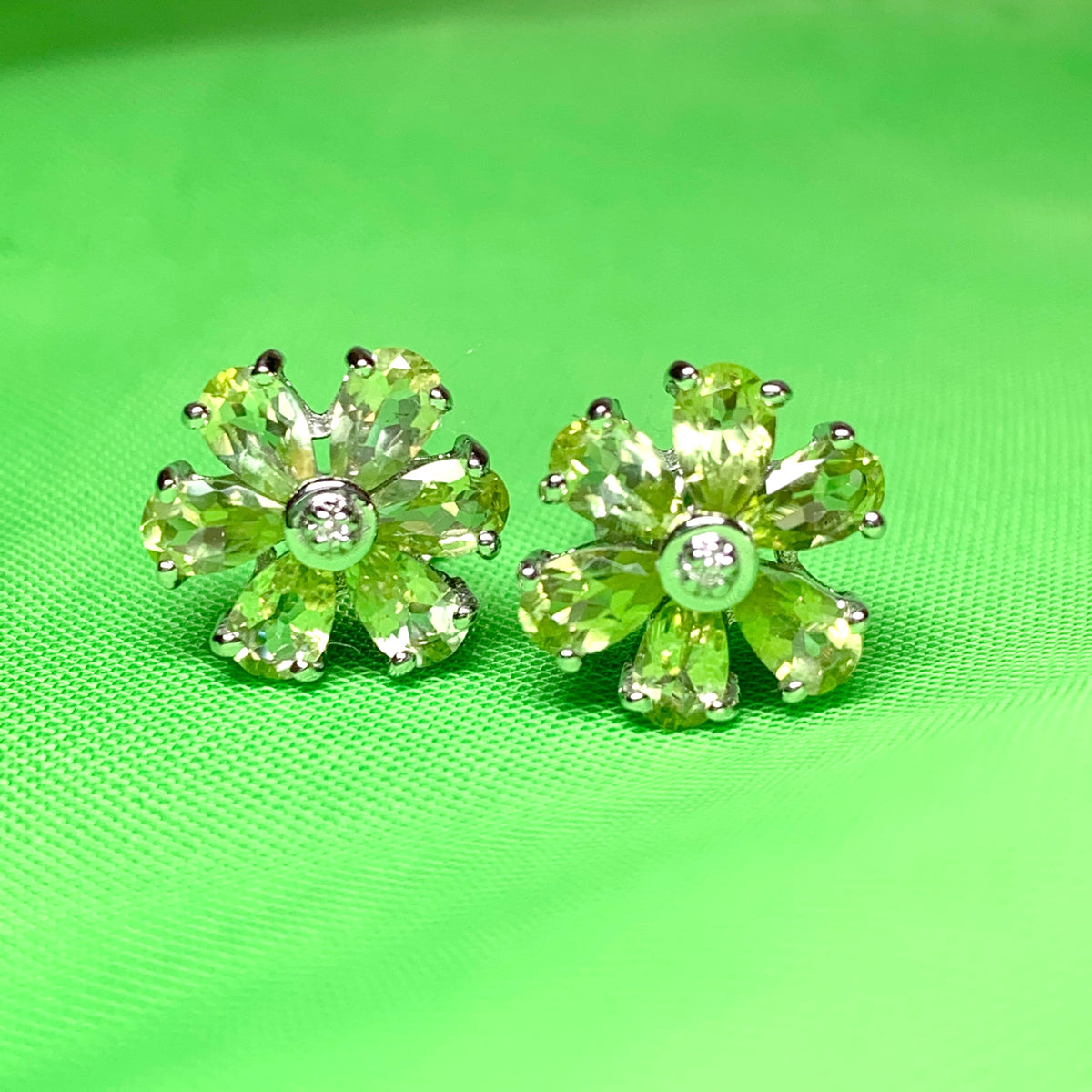 Peridot and diamond silver green daisy petal cluster earrings