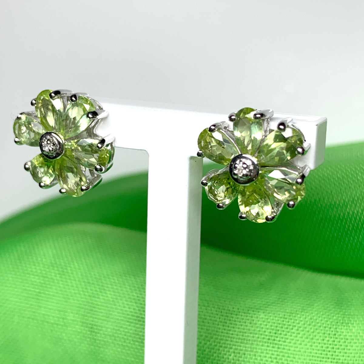 Peridot and diamond silver green daisy petal cluster earrings