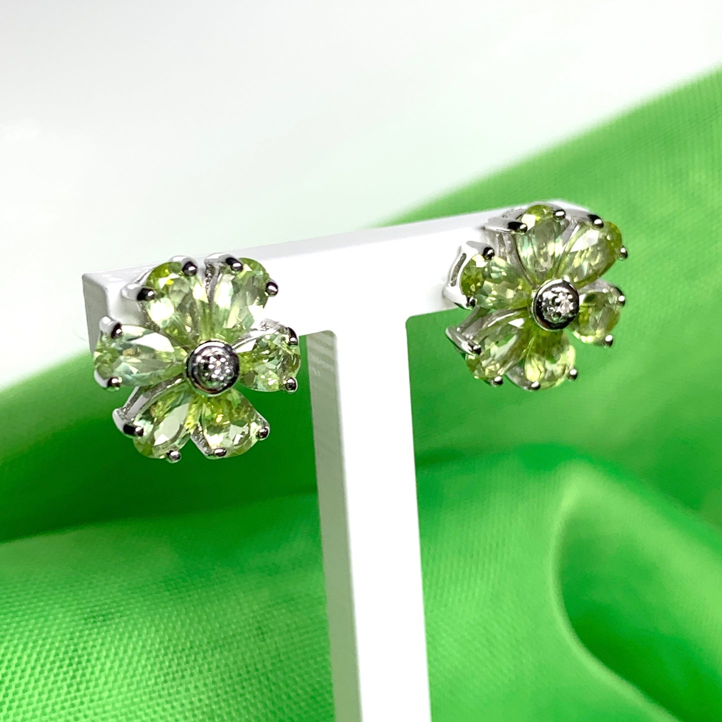 Peridot and diamond silver green daisy petal cluster earrings