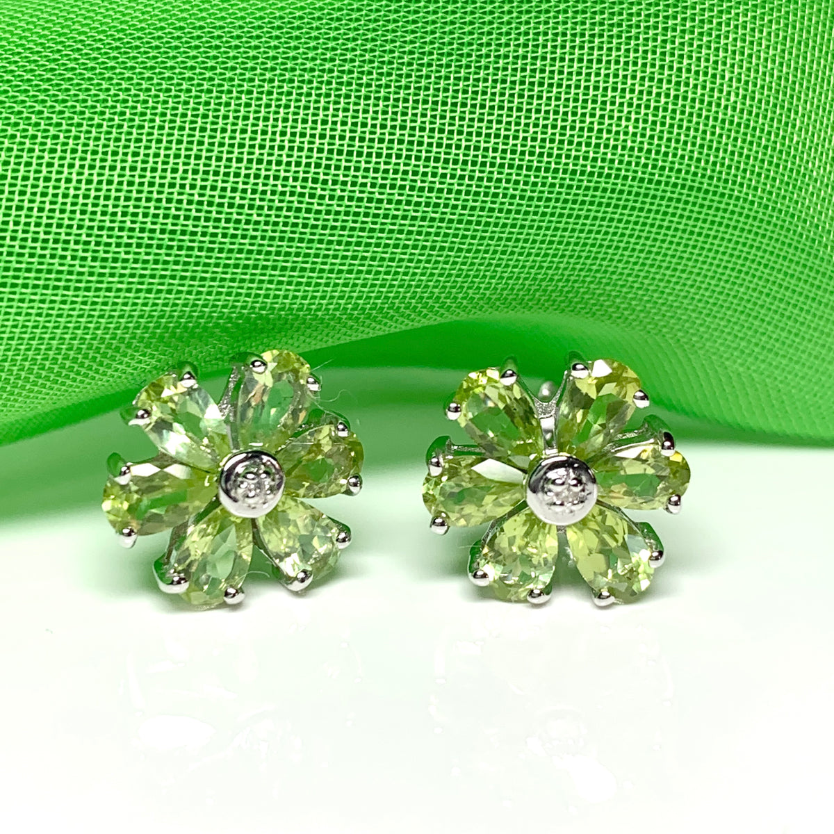 Peridot and diamond silver green daisy petal cluster earrings