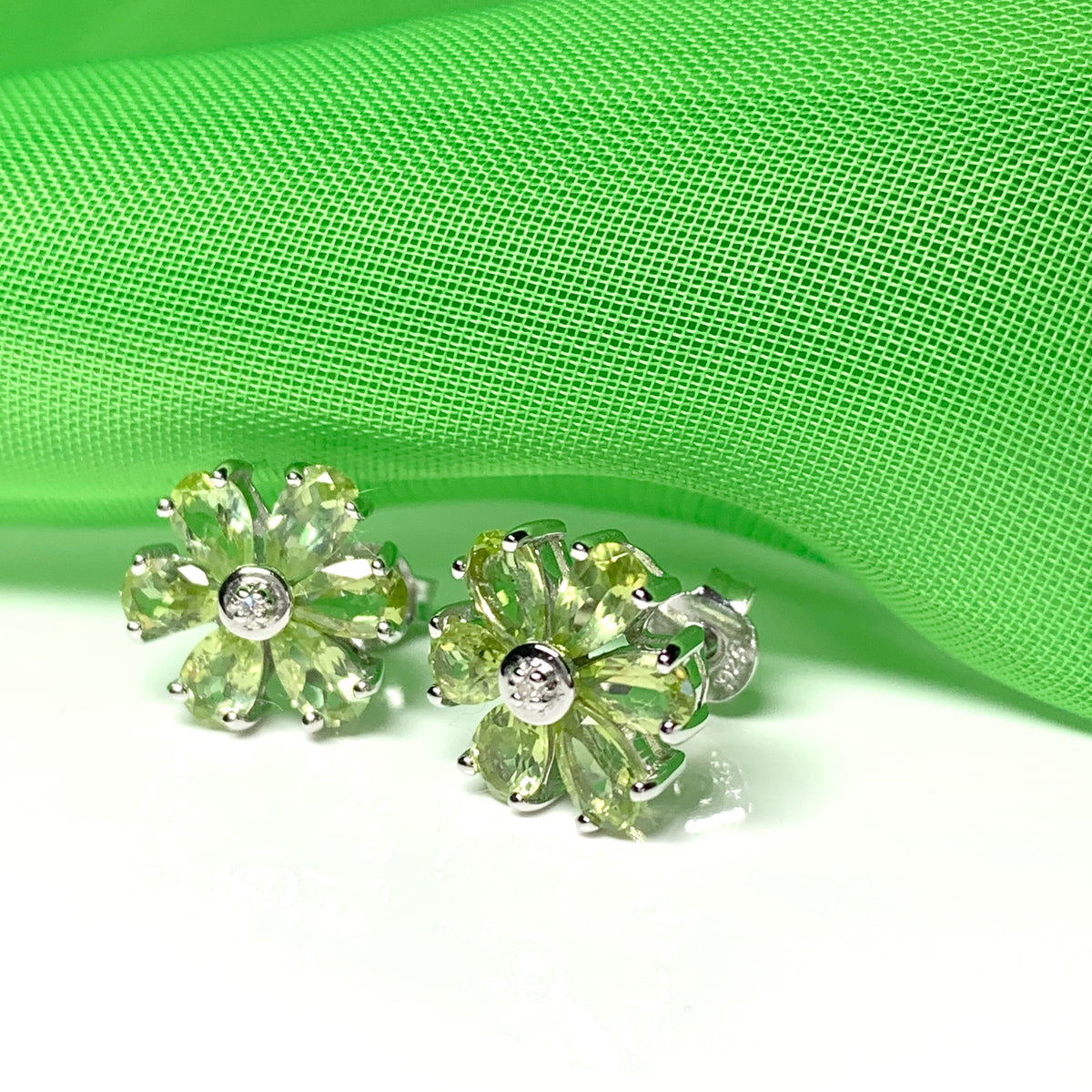 Peridot and diamond silver green daisy petal cluster earrings