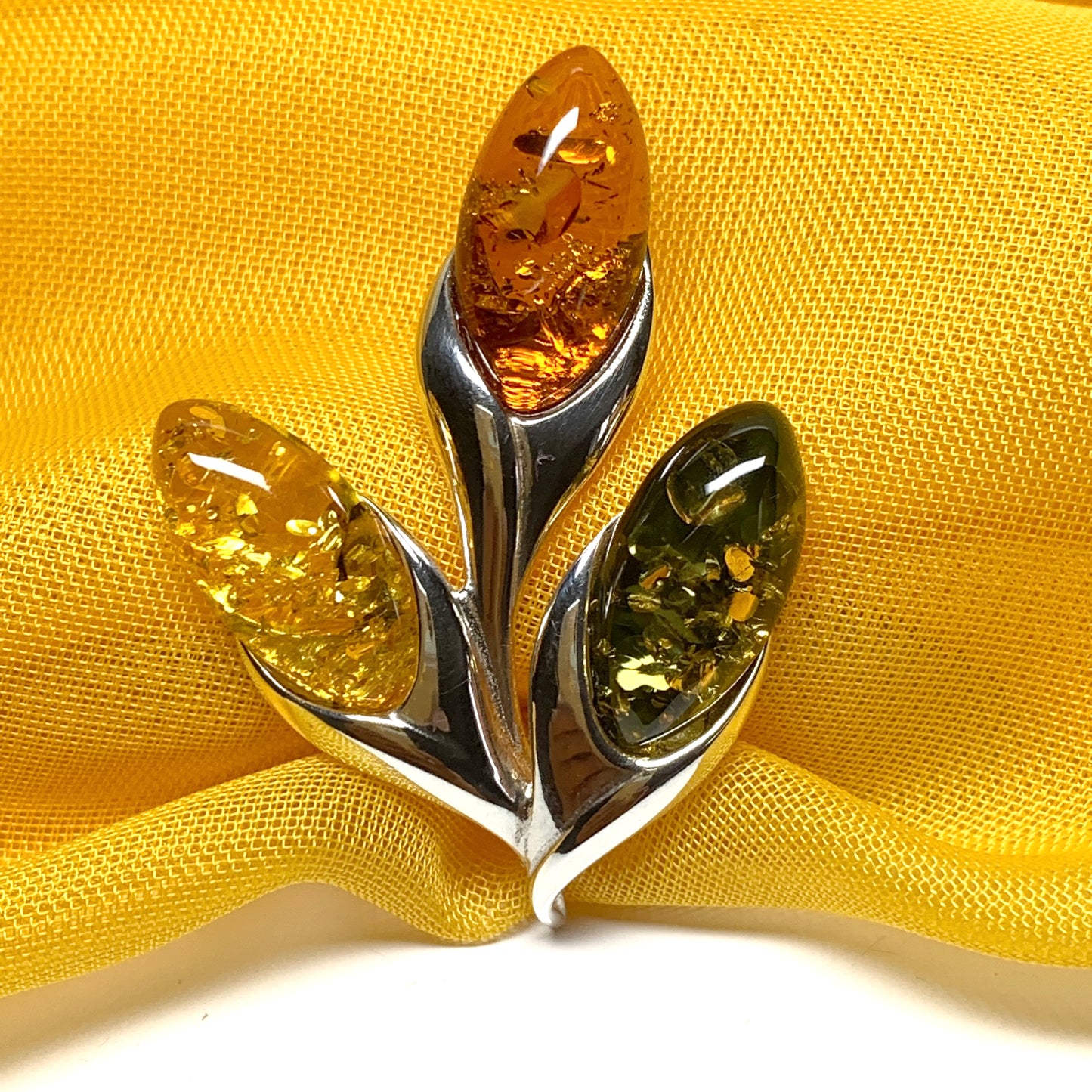 Petal silver multi coloured amber brooch