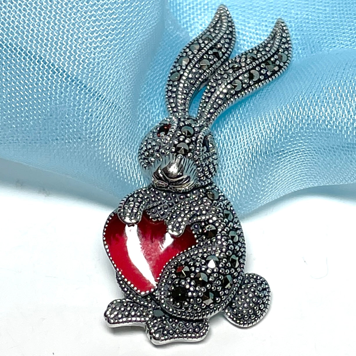Rabbit brooch necklace marcasite sterling silver garnet and red enamel