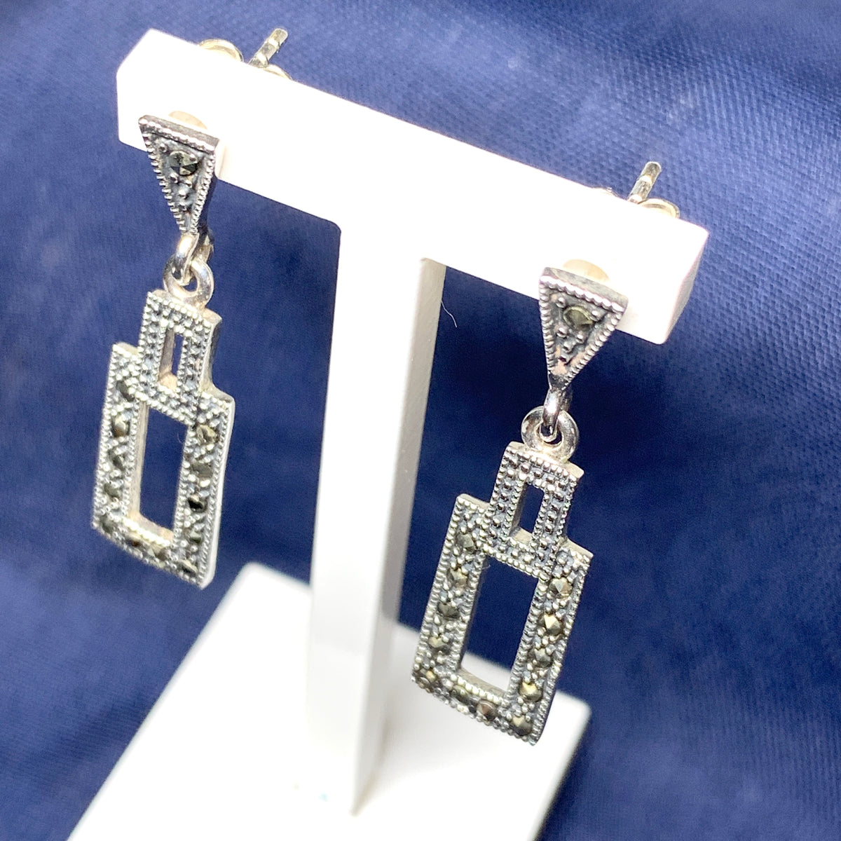 Rectangle Shaped Marcasite Sterling Silver Drop Earrings