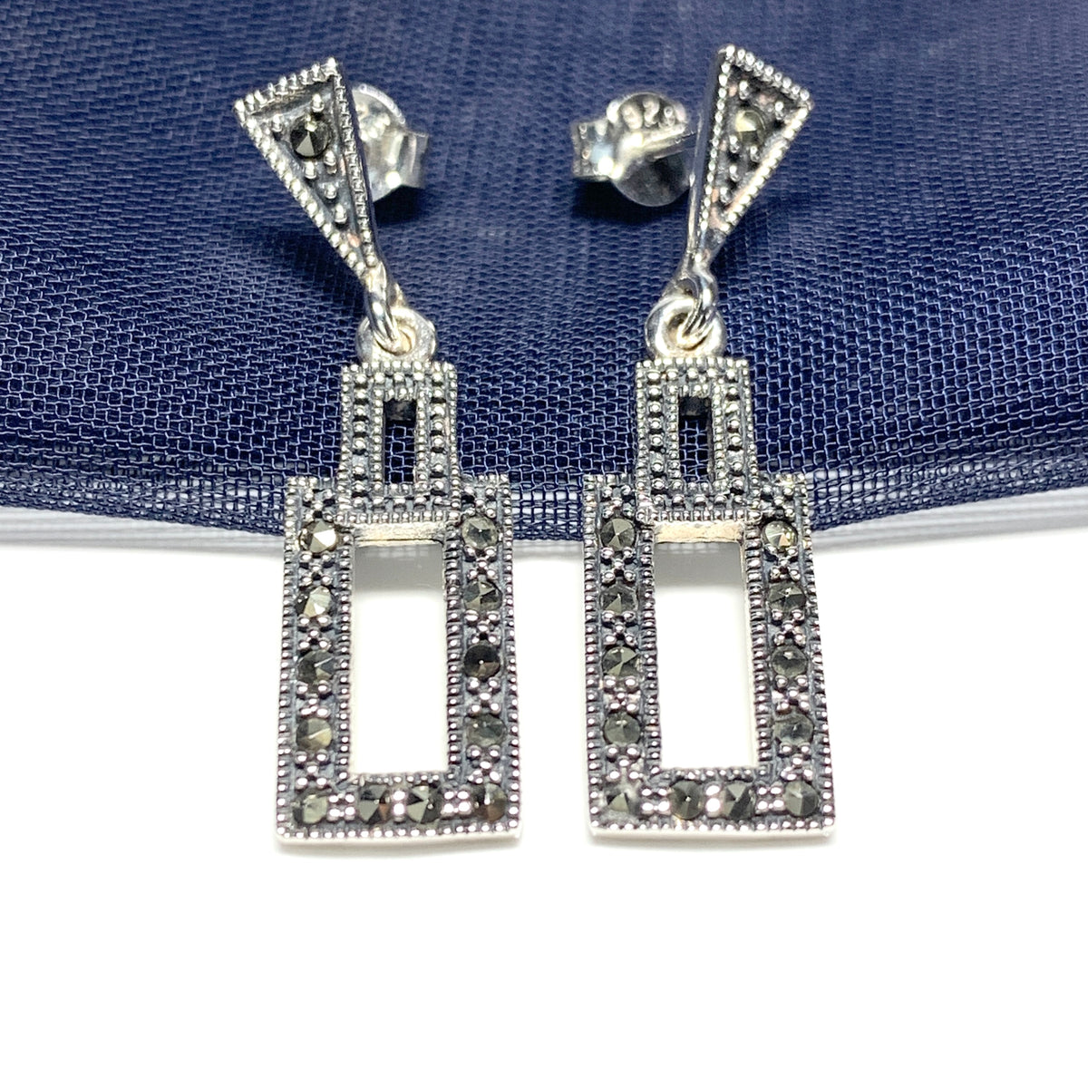 Rectangle Shaped Marcasite Sterling Silver Drop Earrings