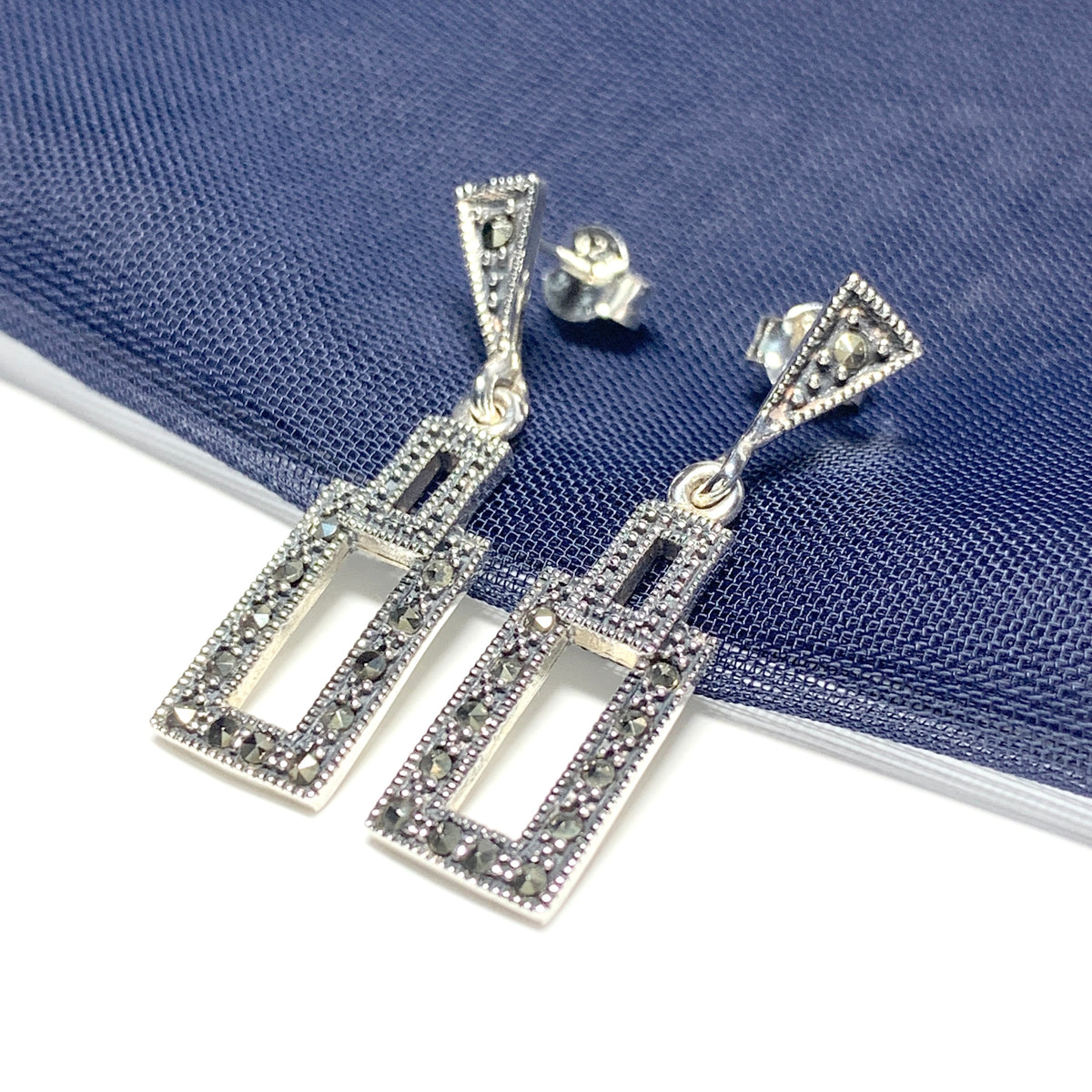 Rectangle Shaped Marcasite Sterling Silver Drop Earrings