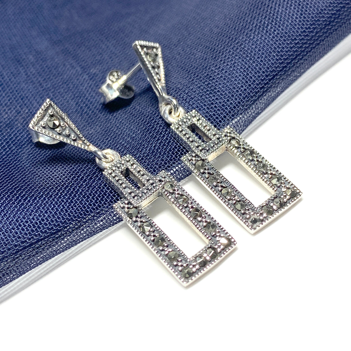 Rectangle Shaped Marcasite Sterling Silver Drop Earrings