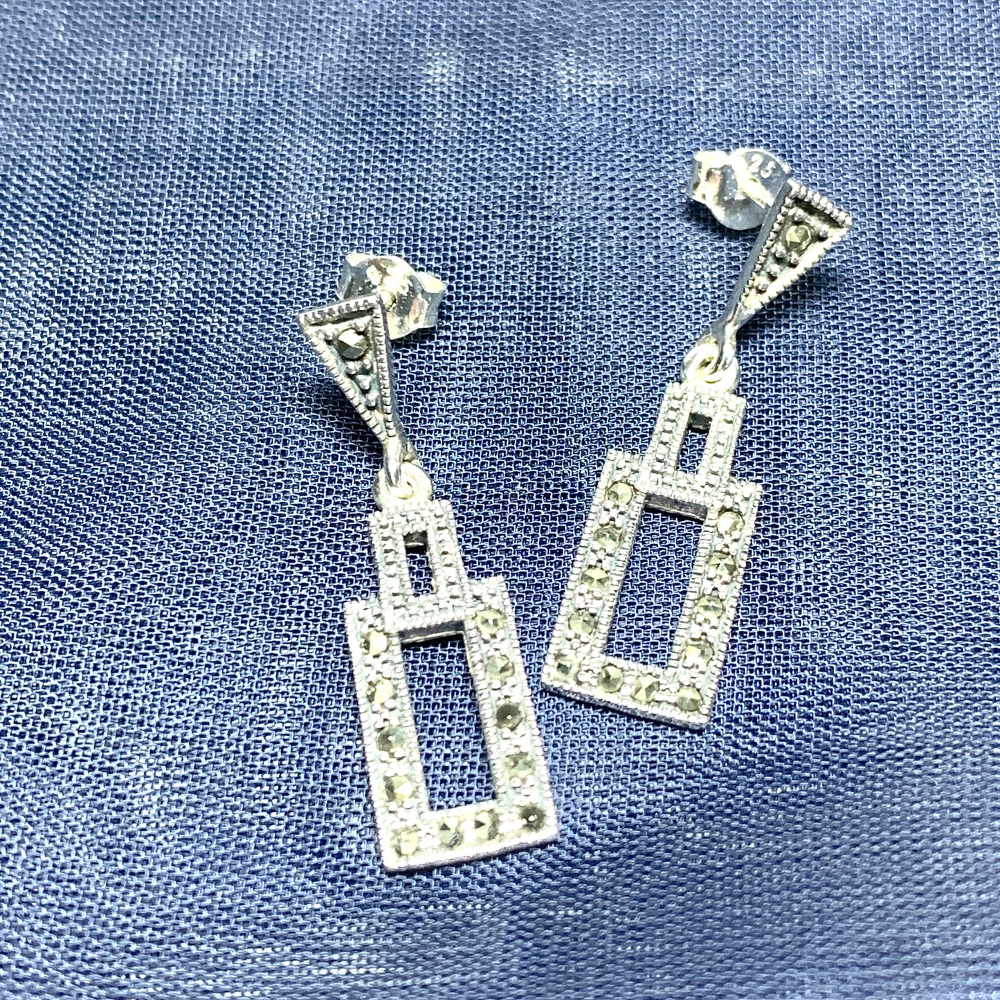 Rectangle Shaped Marcasite Sterling Silver Drop Earrings