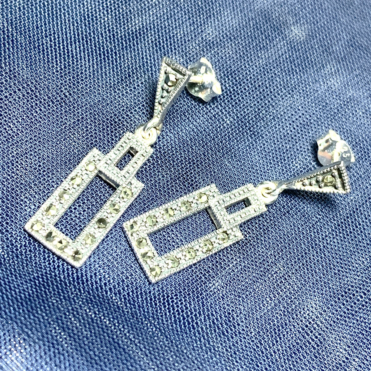 Rectangle Shaped Marcasite Sterling Silver Drop Earrings