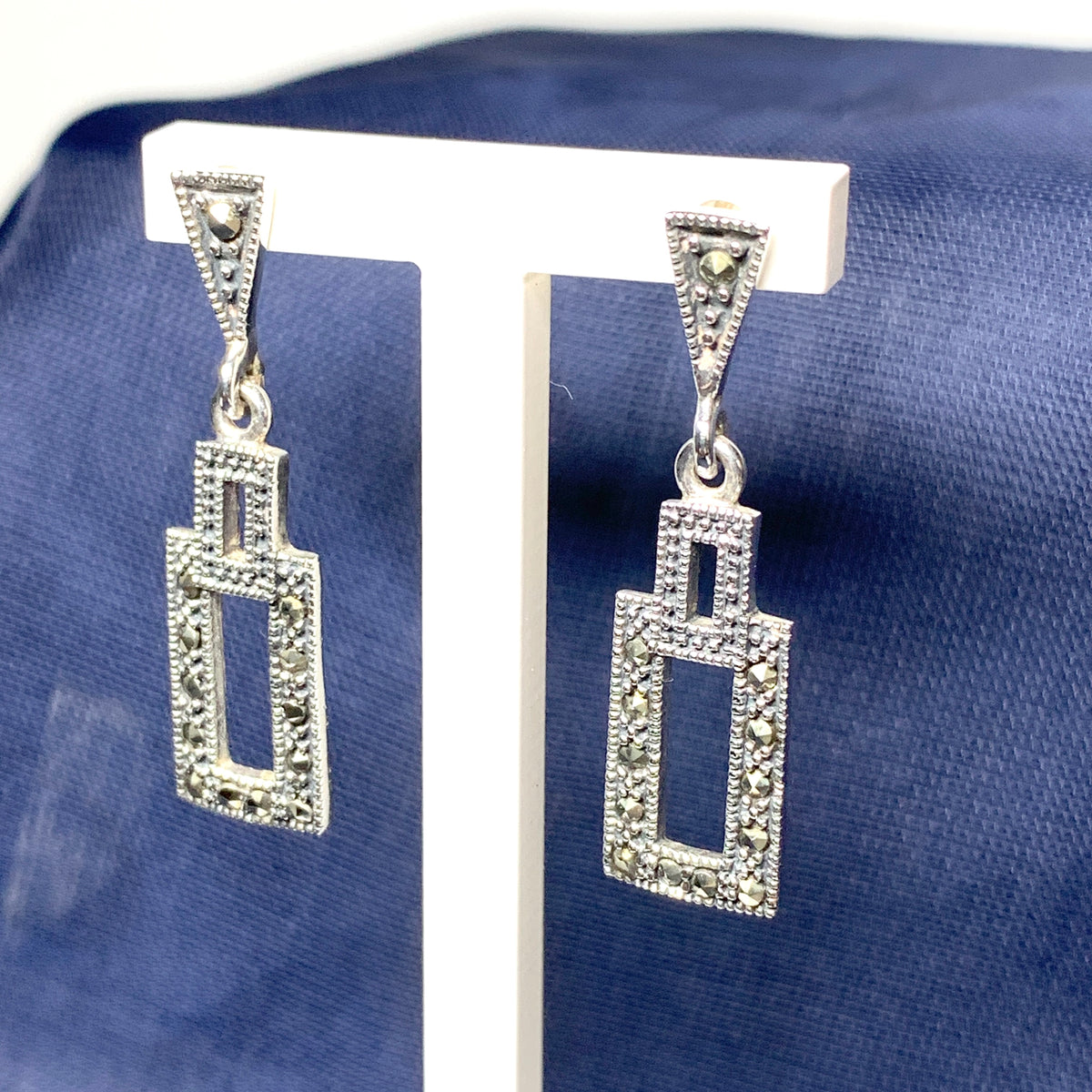 Rectangle Shaped Marcasite Sterling Silver Drop Earrings