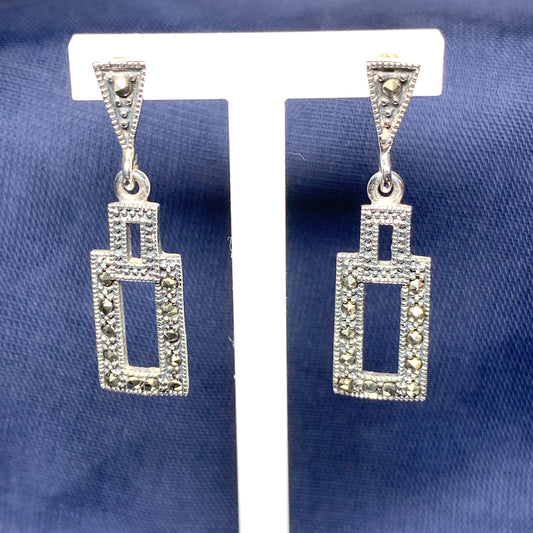 Rectangle Shaped Marcasite Sterling Silver Drop Earrings