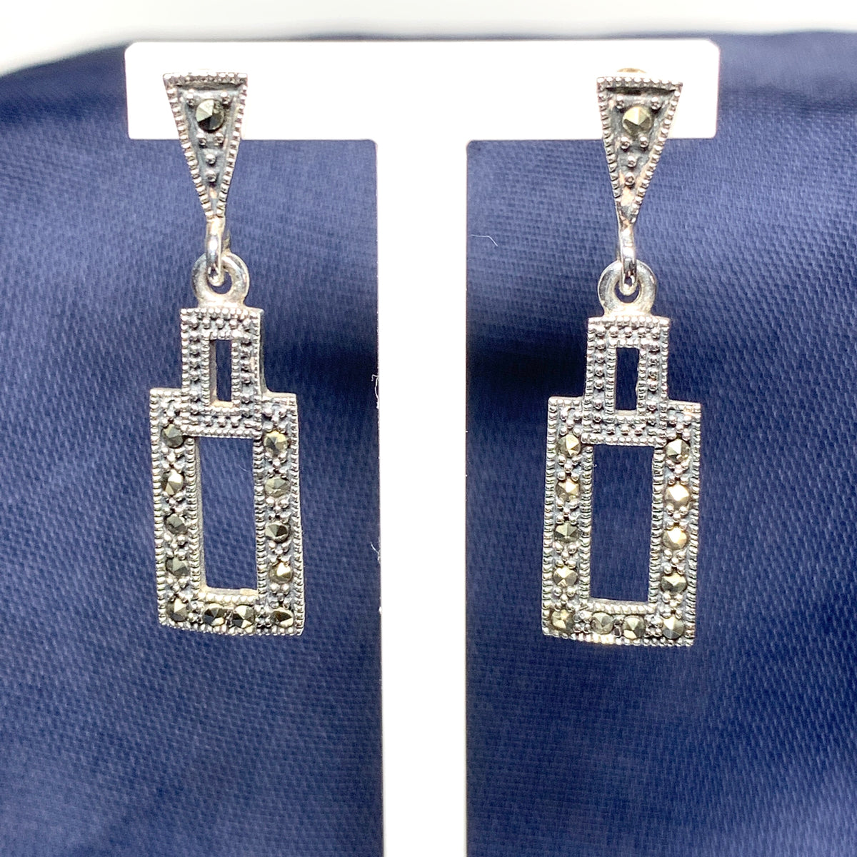 Rectangle Shaped Marcasite Sterling Silver Drop Earrings