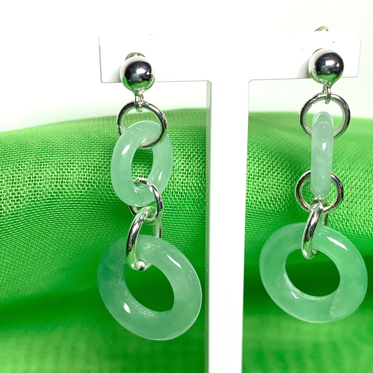 Round Sterling Silver Jade Double Circle Drop Earrings