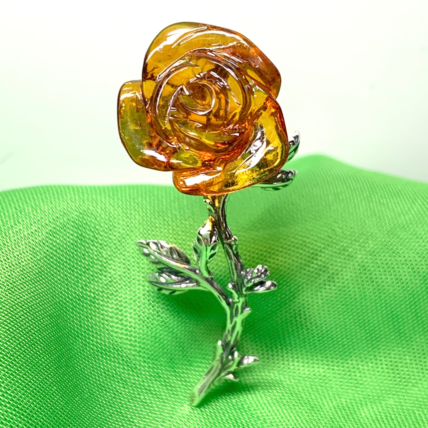 Silver Amber Rose Shaped Brooch