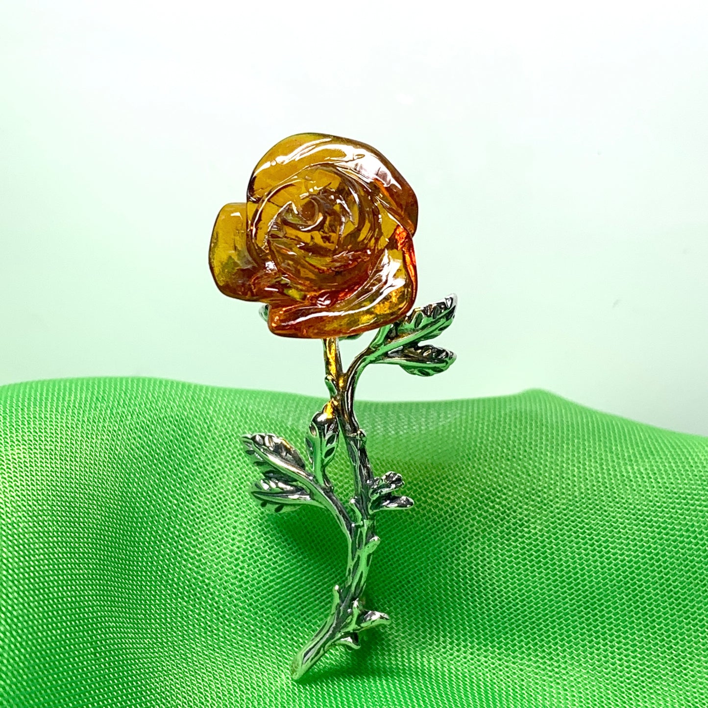 Silver Amber Rose Shaped Brooch