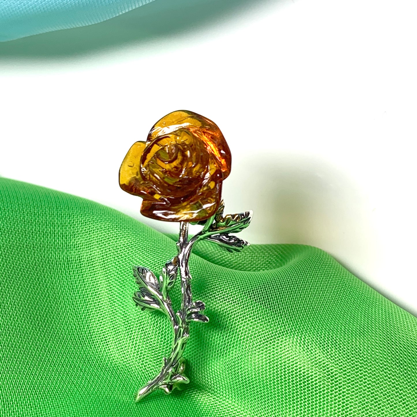 Silver Amber Rose Shaped Brooch