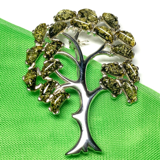 Silver green amber tree of life brooch