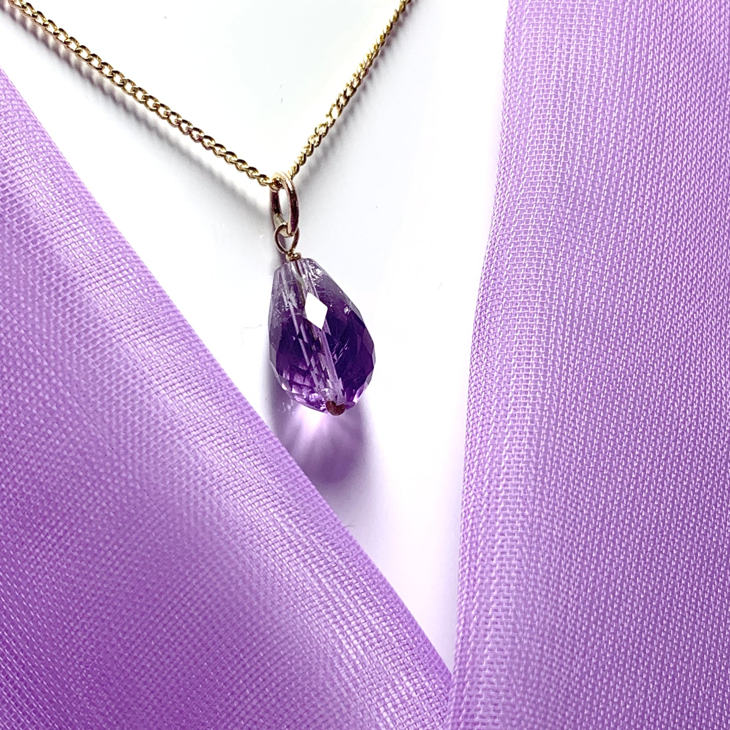 Small Tear Drop Yellow Gold Pear Shaped Amethyst Necklace Pendent