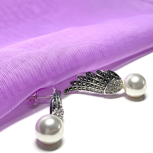 Sterling Silver Angle Wing Stud Earrings with Marcasite and Fresh Water Pearl