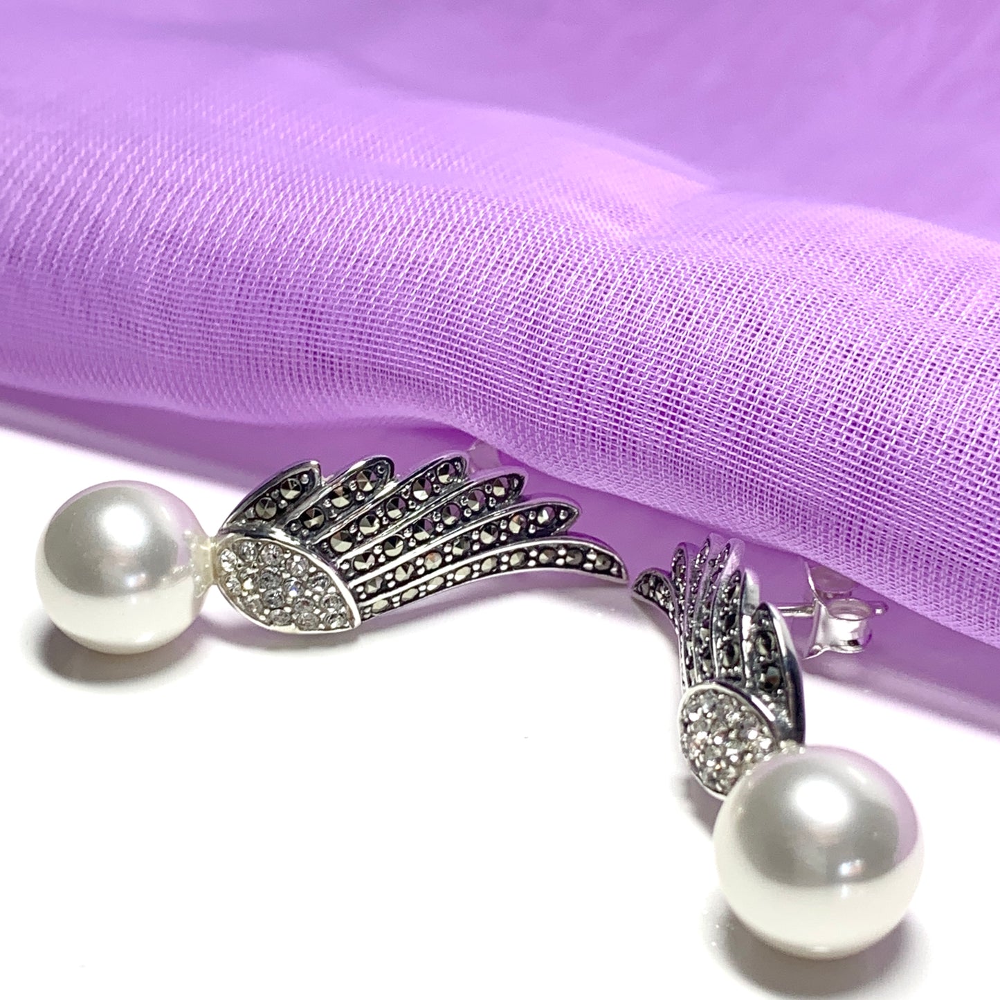 Sterling Silver Angle Wing Stud Earrings with Marcasite and Fresh Water Pearl