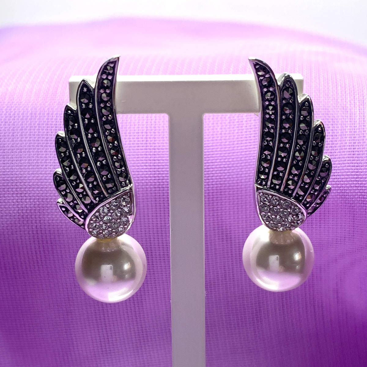 Sterling Silver Angle Wing Stud Earrings with Marcasite and Fresh Water Pearl