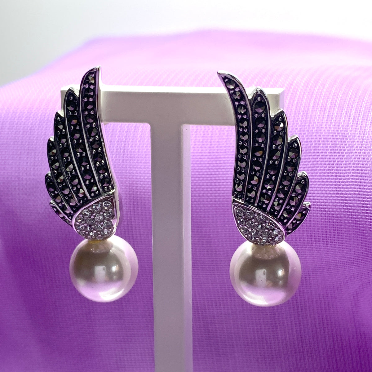 Sterling Silver Angle Wing Stud Earrings with Marcasite and Fresh Water Pearl