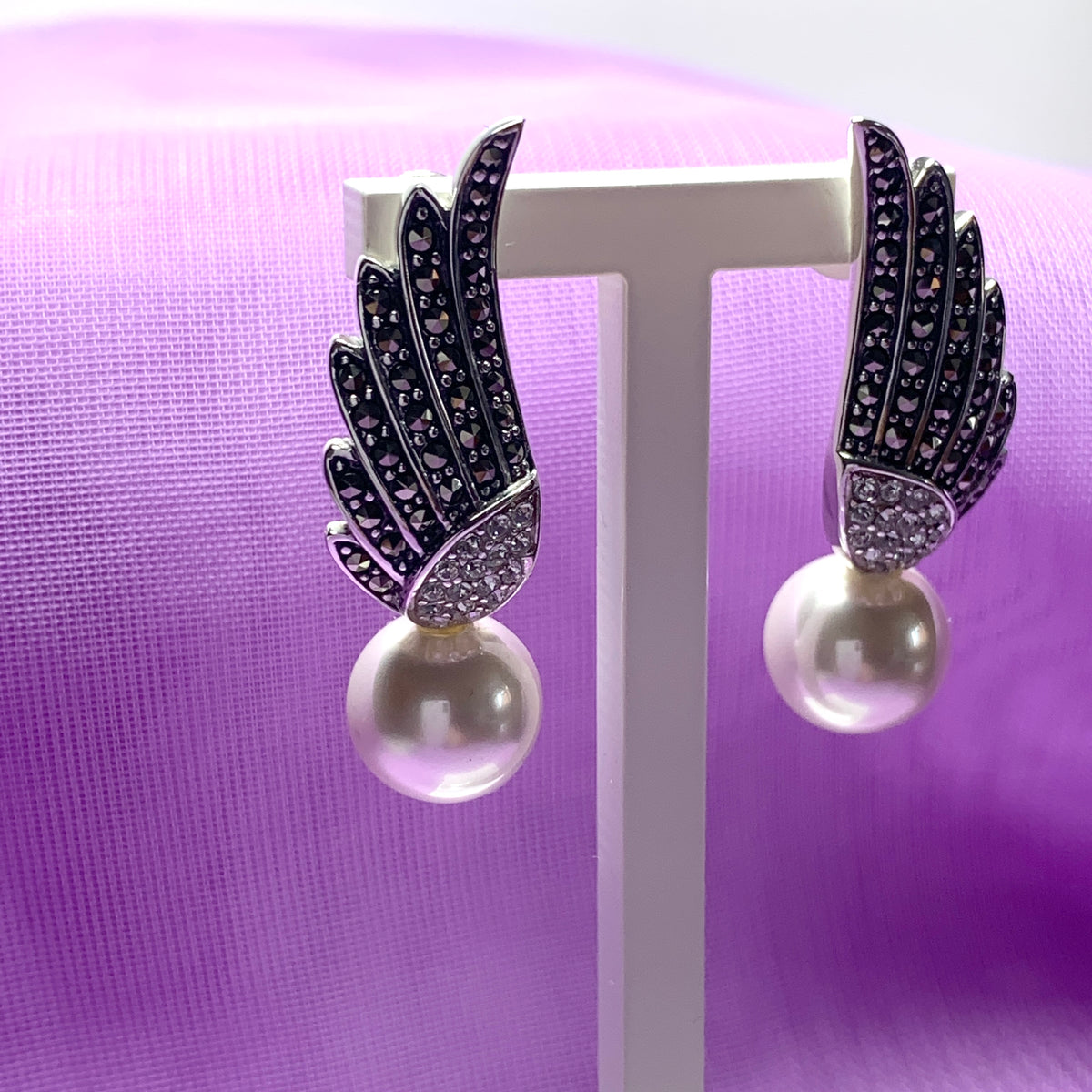 Sterling Silver Angle Wing Stud Earrings with Marcasite and Fresh Water Pearl