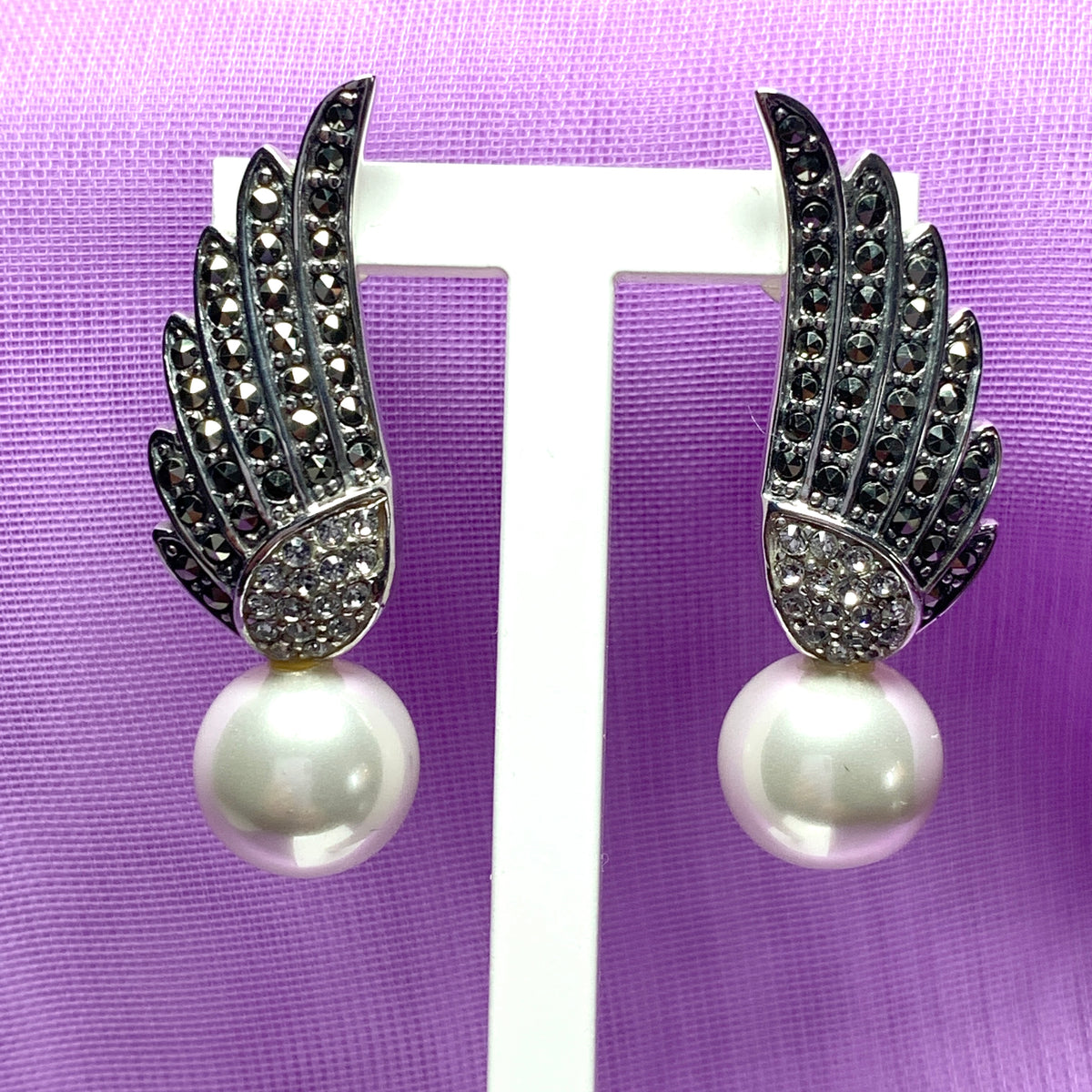 Sterling Silver Angle Wing Stud Earrings with Marcasite and Fresh Water Pearl