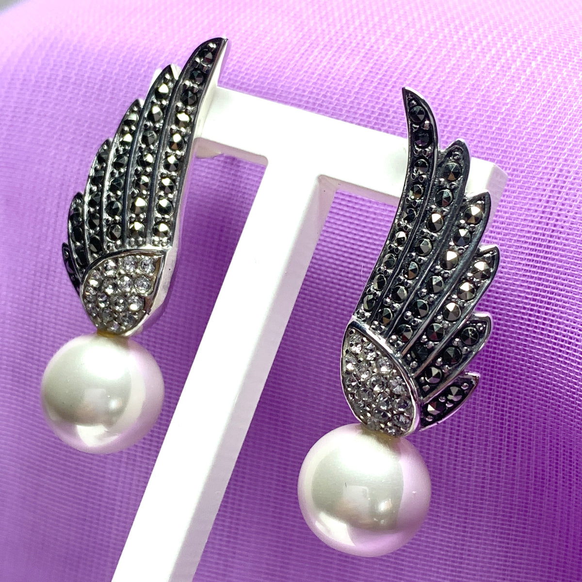 Sterling Silver Angle Wing Stud Earrings with Marcasite and Fresh Water Pearl