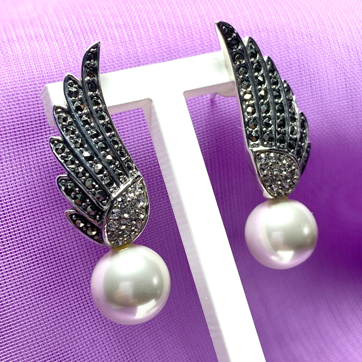 Sterling Silver Angle Wing Stud Earrings with Marcasite and Fresh Water Pearl