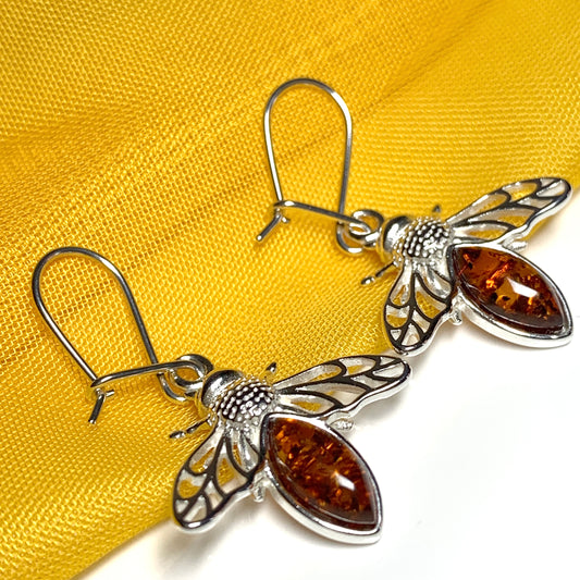 Sterling Silver Orange Real Amber Bumble Bee Drop Earrings